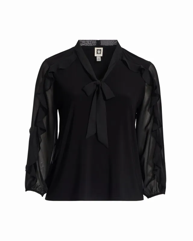 Plus Size Long Sleeve Ruffle detail Tie Neck Top sold by Anne Klein