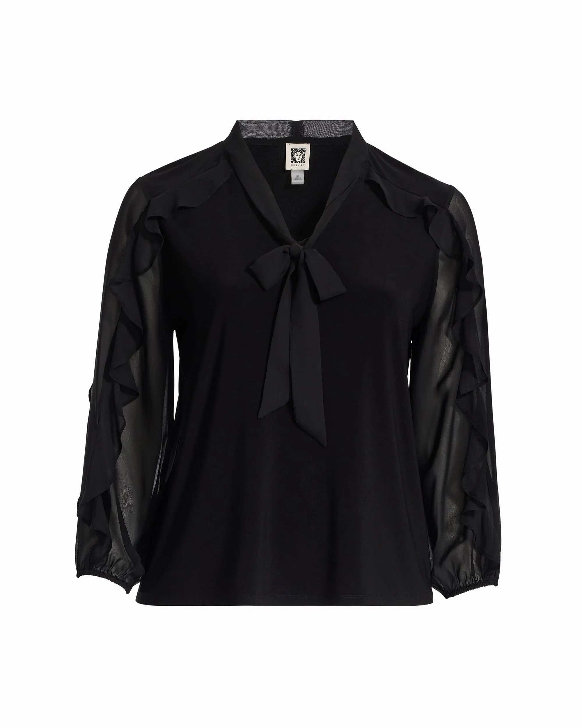 Plus Size Long Sleeve Ruffle detail Tie Neck Top sold by Anne Klein