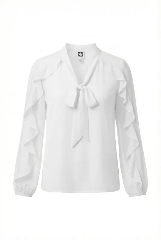 Long Sleeve Ruffle detail Detail Tie Neck Top sold by Anne Klein