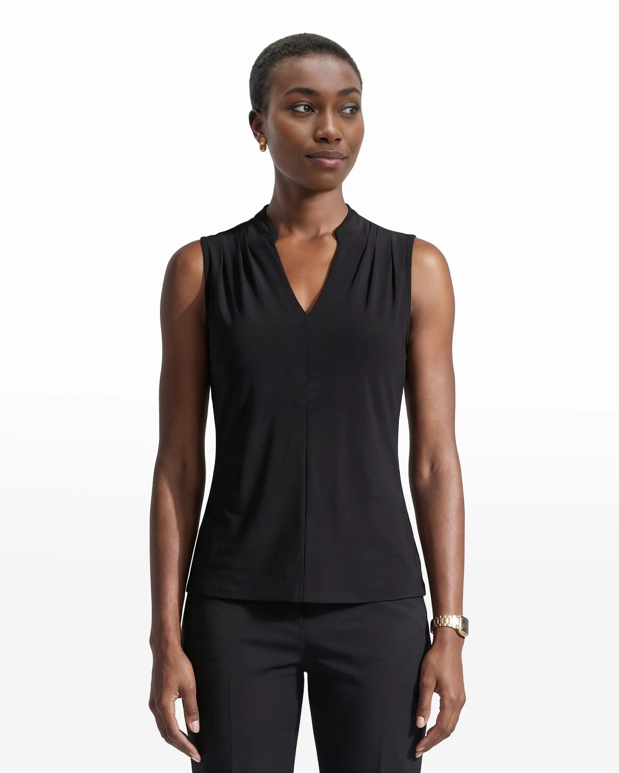 Sleeveless V Neck Pleated Shoulder Top sold by Anne Klein