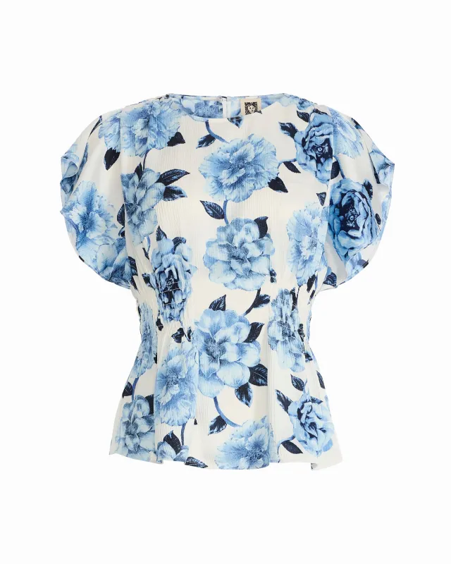 Smocked Waist Flutter Sleeve Blouse made by Kasper