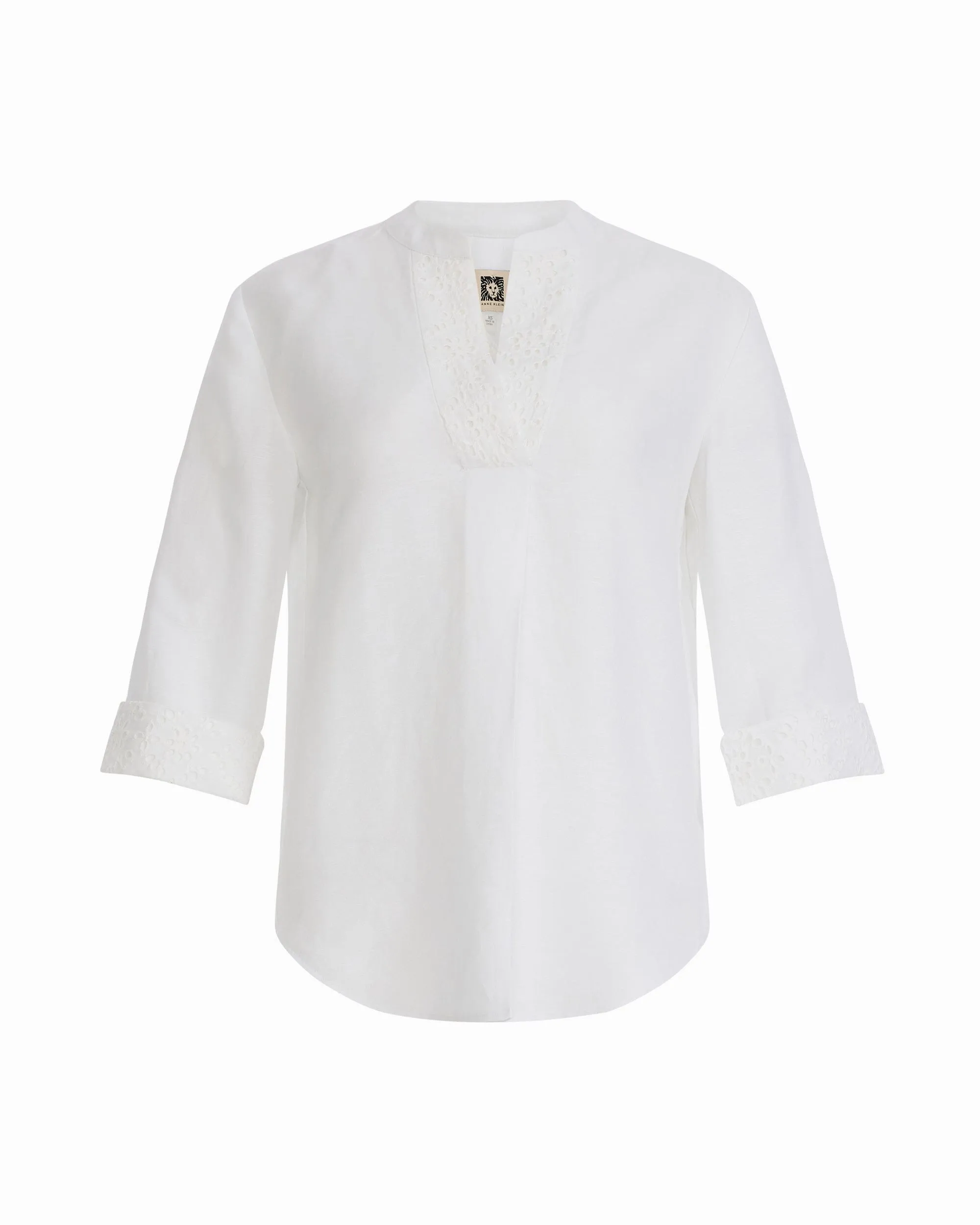 Three-Quarter Sleeve V-Neck Tunic with Combo Cuffs and Placket sold by Anne Klein