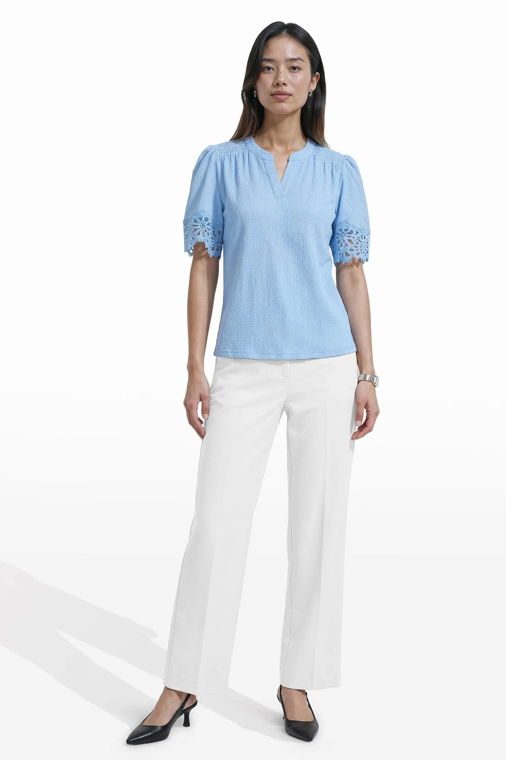 Elbow Split Neck Top with Lace sold by Anne Klein