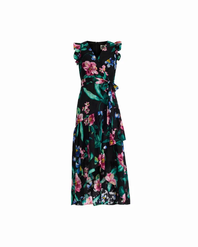 High-Low Hem Wrap Dress With Ruffle detail Sleeves made by Kasper