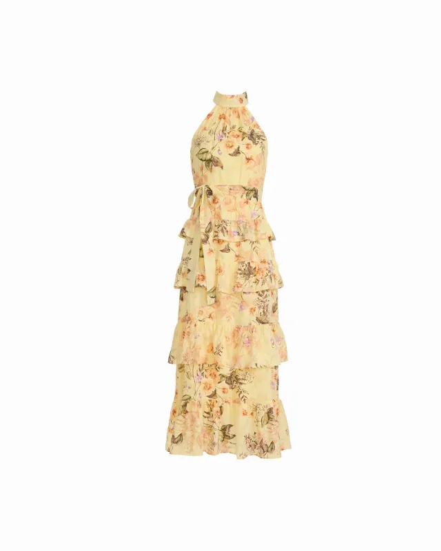Halter Neckline Tiered Ruffle Maxi Dress in Floral Print made by Kasper