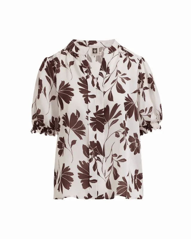 Y-Neck Short Sleeve Blouse with Smocked Cuffs made by Kasper