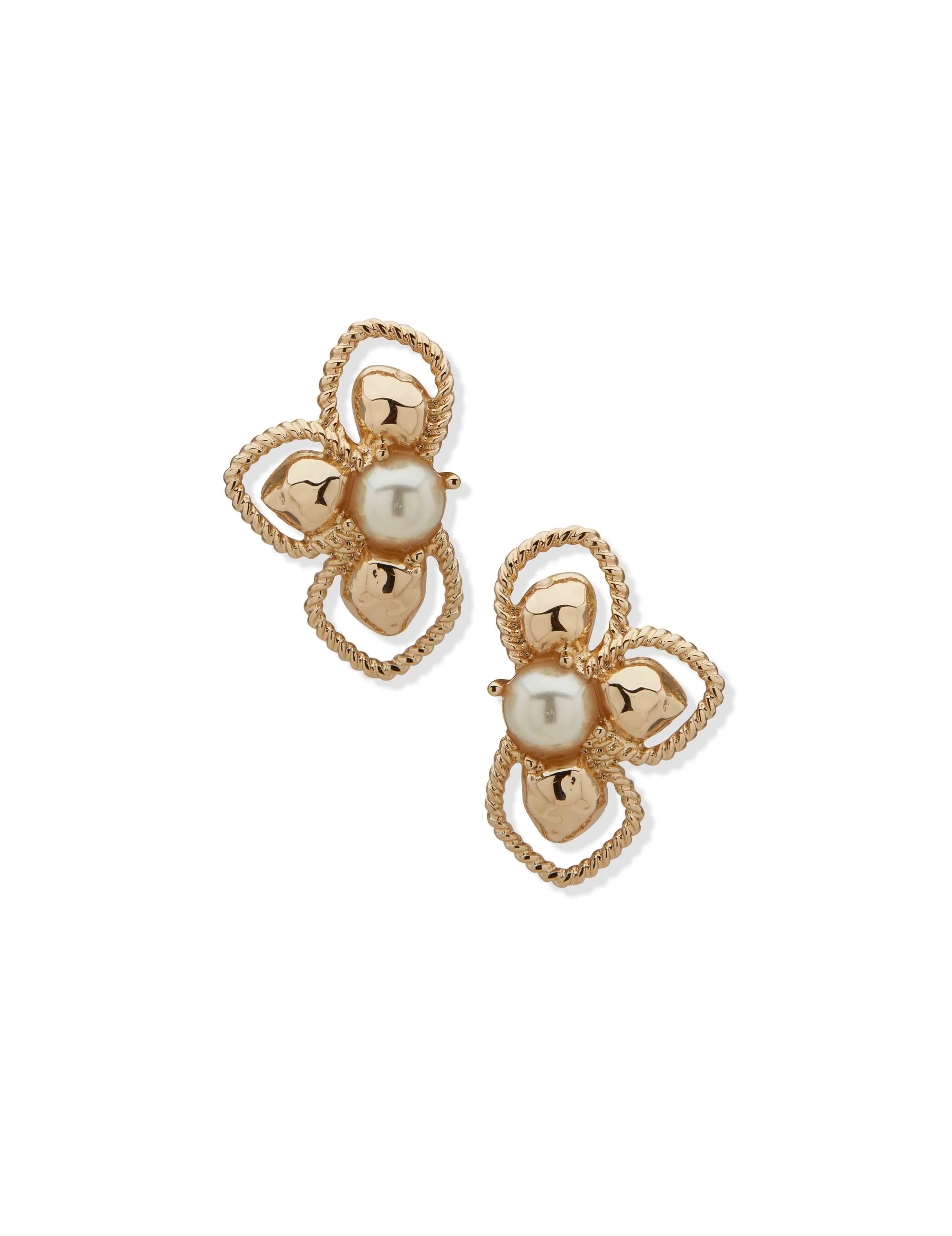 Openwork Hammered Floral Earrings-Gld/Prl sold by Anne Klein