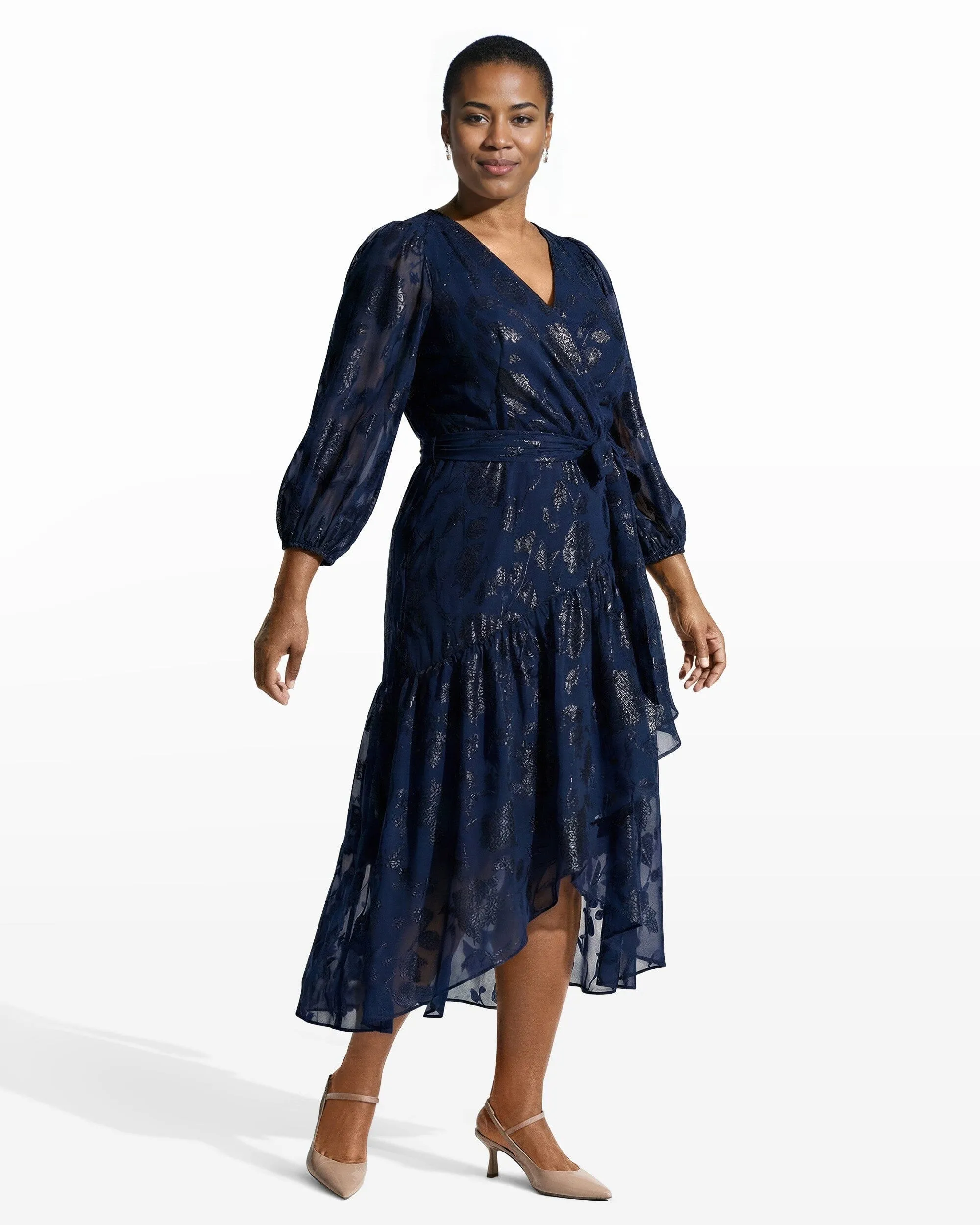 Long Sleeve Sheer Floral Wrap Dress sold by Anne Klein product image thumbnail 3