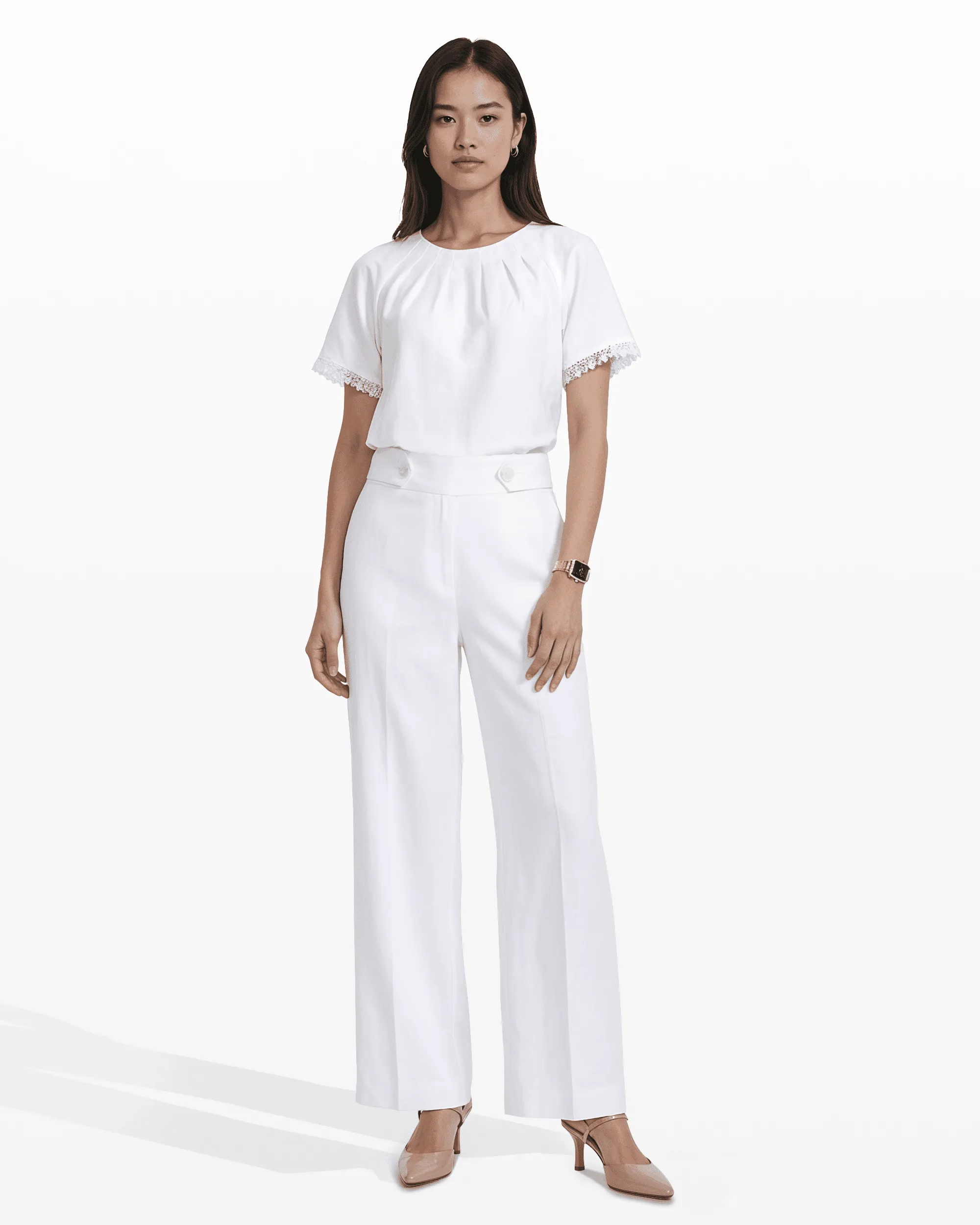Petite High-Rise Pull-On Wide Leg Pants Waistband Detail sold by Anne Klein