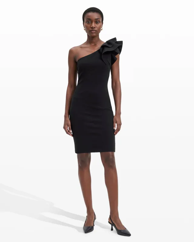 One Shoulder Sheath Dress with Asymmetric Ruffle made by Kasper