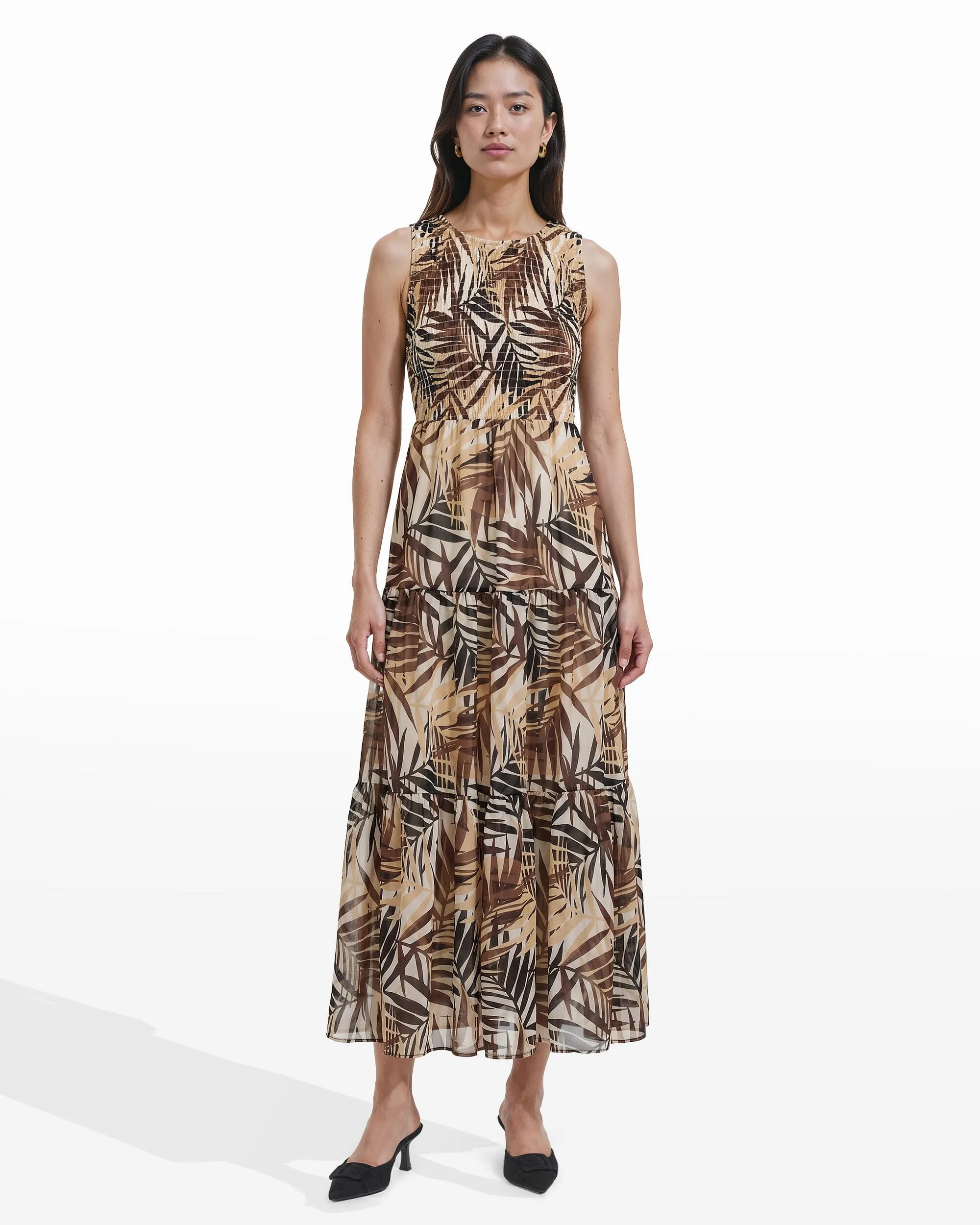 Smocked Bodice Tiered Maxi Dress sold by Anne Klein