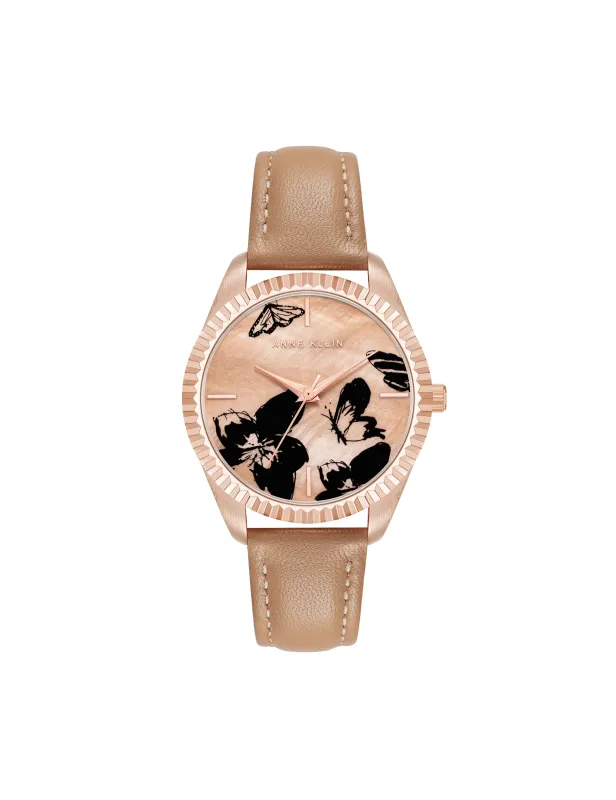 Butterfly Dial Leather Strap Watch made by Anne Klein
