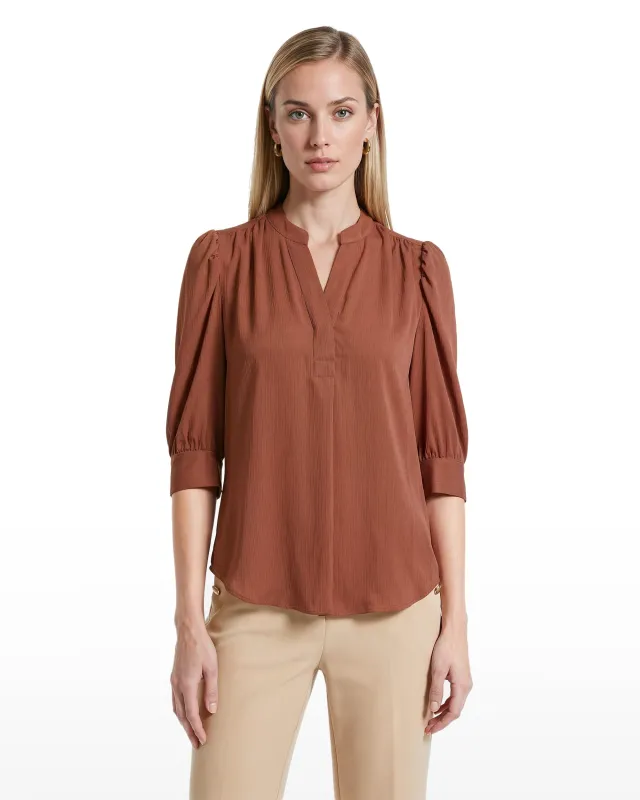 Y-Neck Woven Top with Short Puff Sleeves made by Kasper