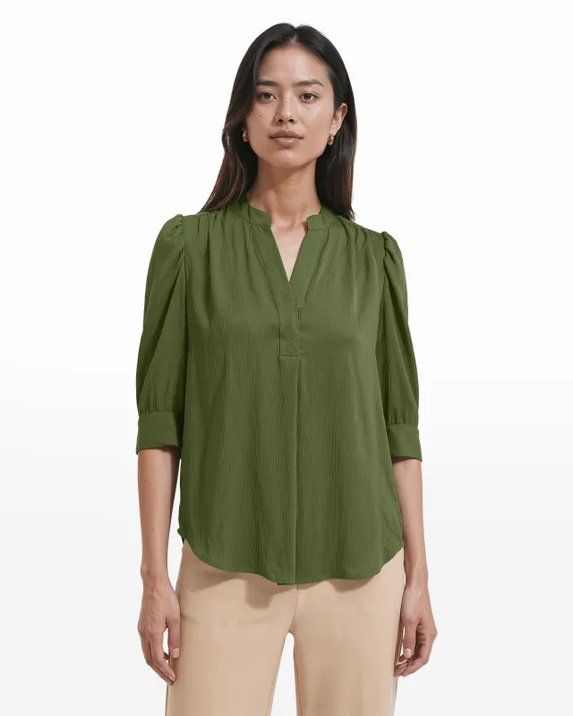 Y-Neck Woven Top with Short Puff Sleeves made by Kasper