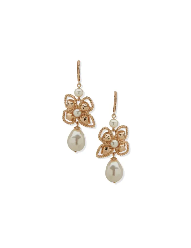 Floral Hammered Drop Earrings in Gold and Pearl made by Anne Klein