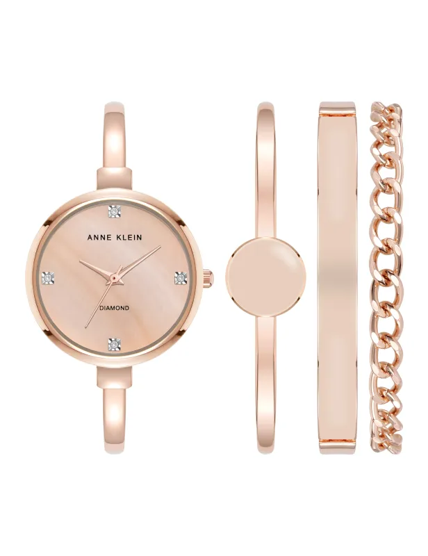 Genuine Diamond Accented Bangle Watch and Bracelet Set made by Anne Klein
