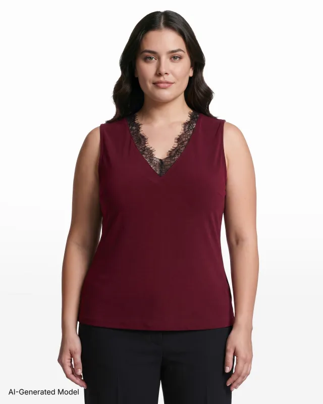Plus Size V-Neck Lace Trim Sleeveless Knit Tank Top made by Kasper