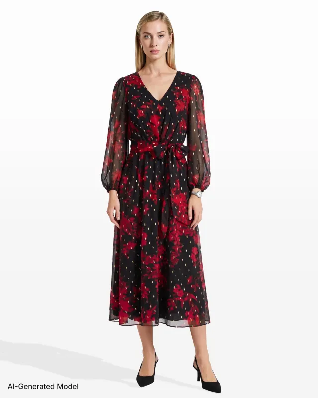 Printed Chiffon V-Neck Midi Dress made by Kasper