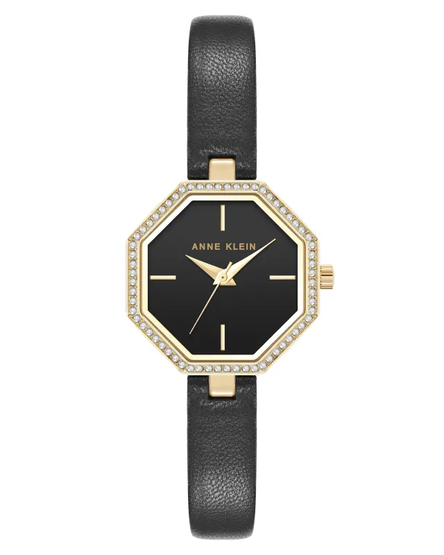 Crystal Accented Octagonal Leather Strap Watch made by Anne Klein
