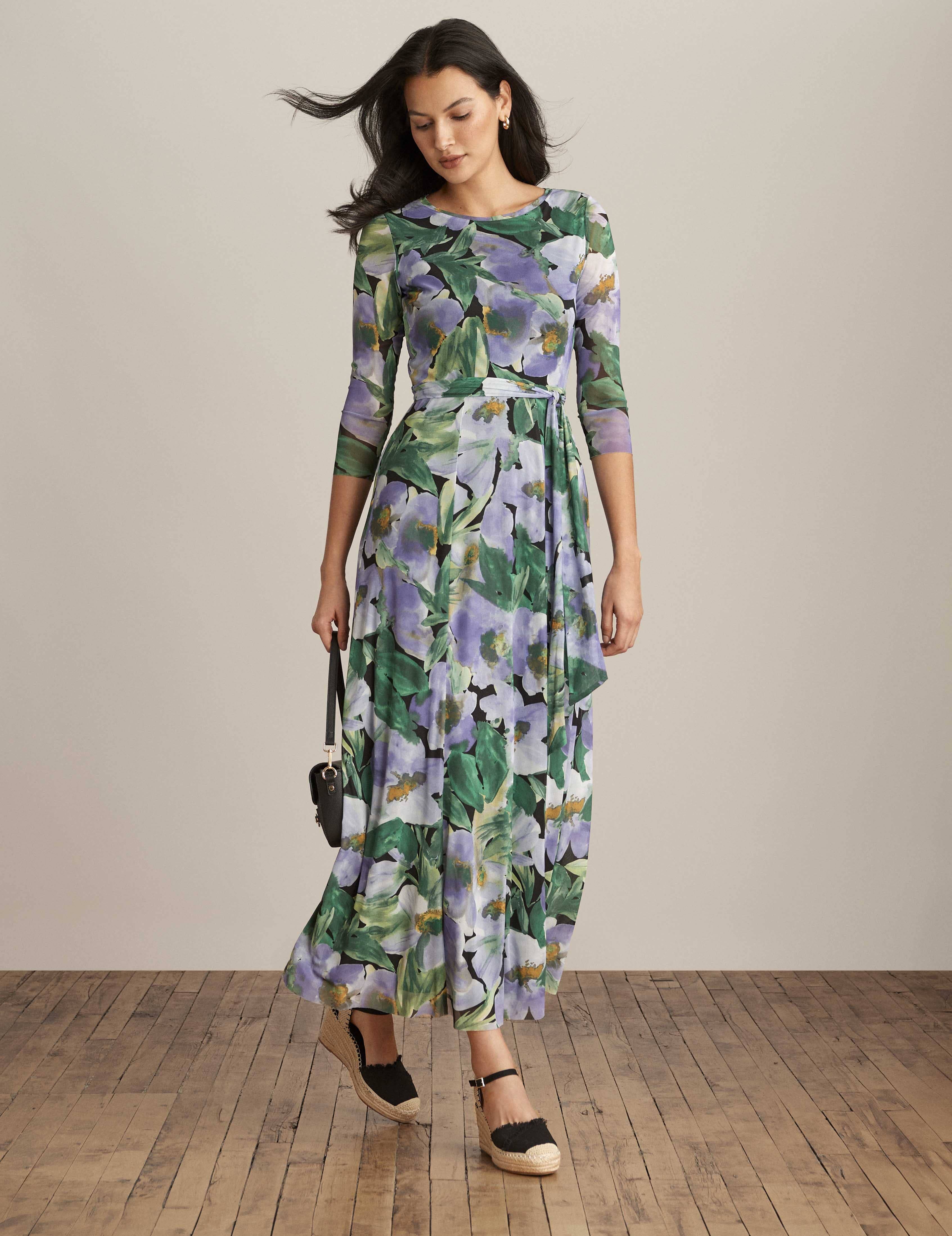 Printed Mesh Maxi Dress With 3/4 Sleeves sold by Anne Klein