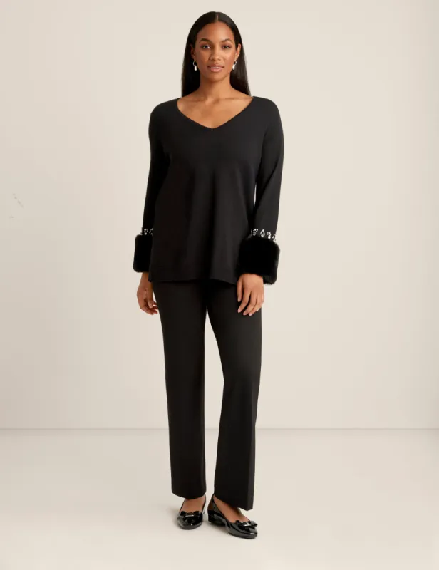 Fur Cuffed V Neck Top sold by Anne Klein