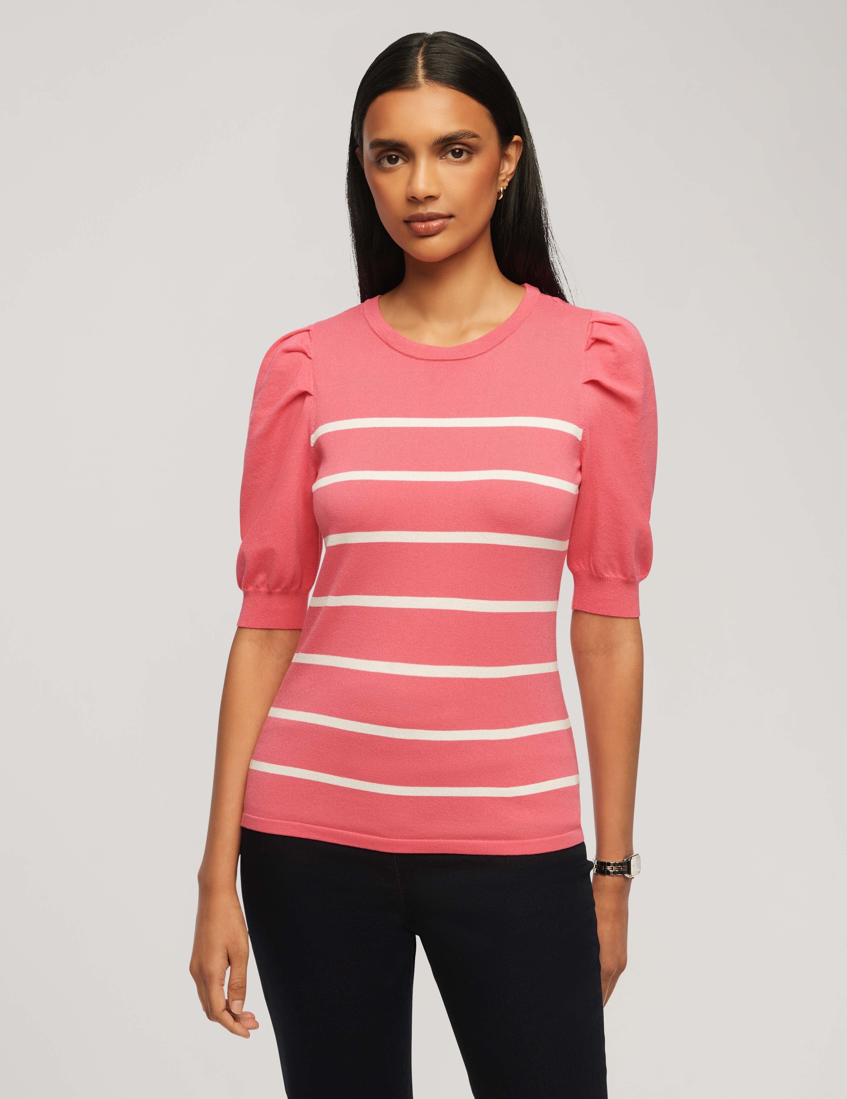 Short Puff Sleeve Crew Neck With Stripes- Clearance sold by Anne Klein