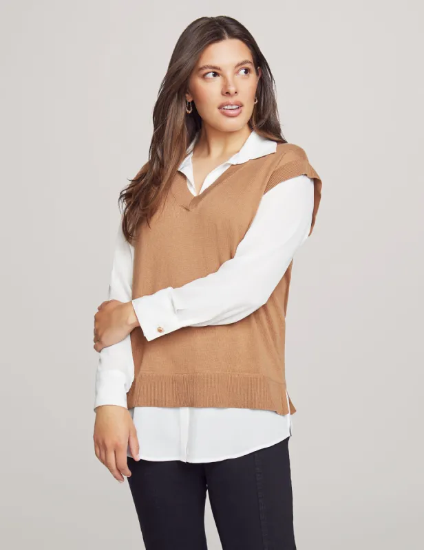 V-Neck Sweater Vest With Woven Shirt Detailing sold by Anne Klein