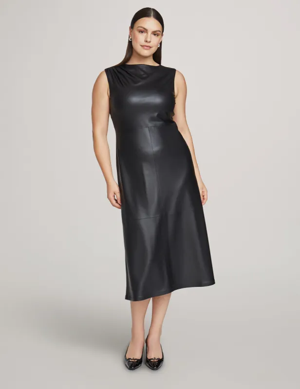 Vegan Leather Shirred Shoulder Midi Dress sold by Anne Klein
