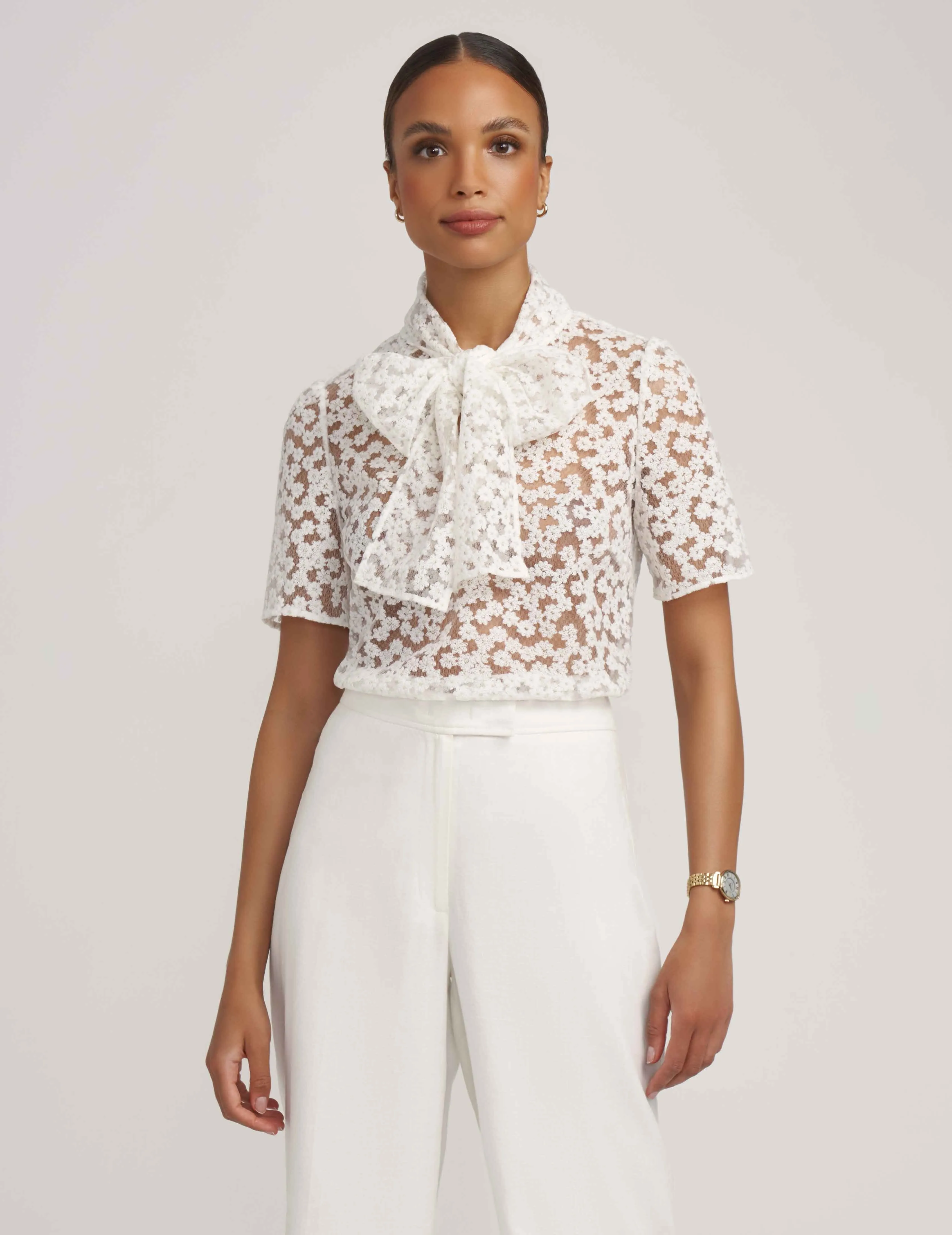 Tie Front Blouse with Lace Sleeves- Sale sold by Anne Klein