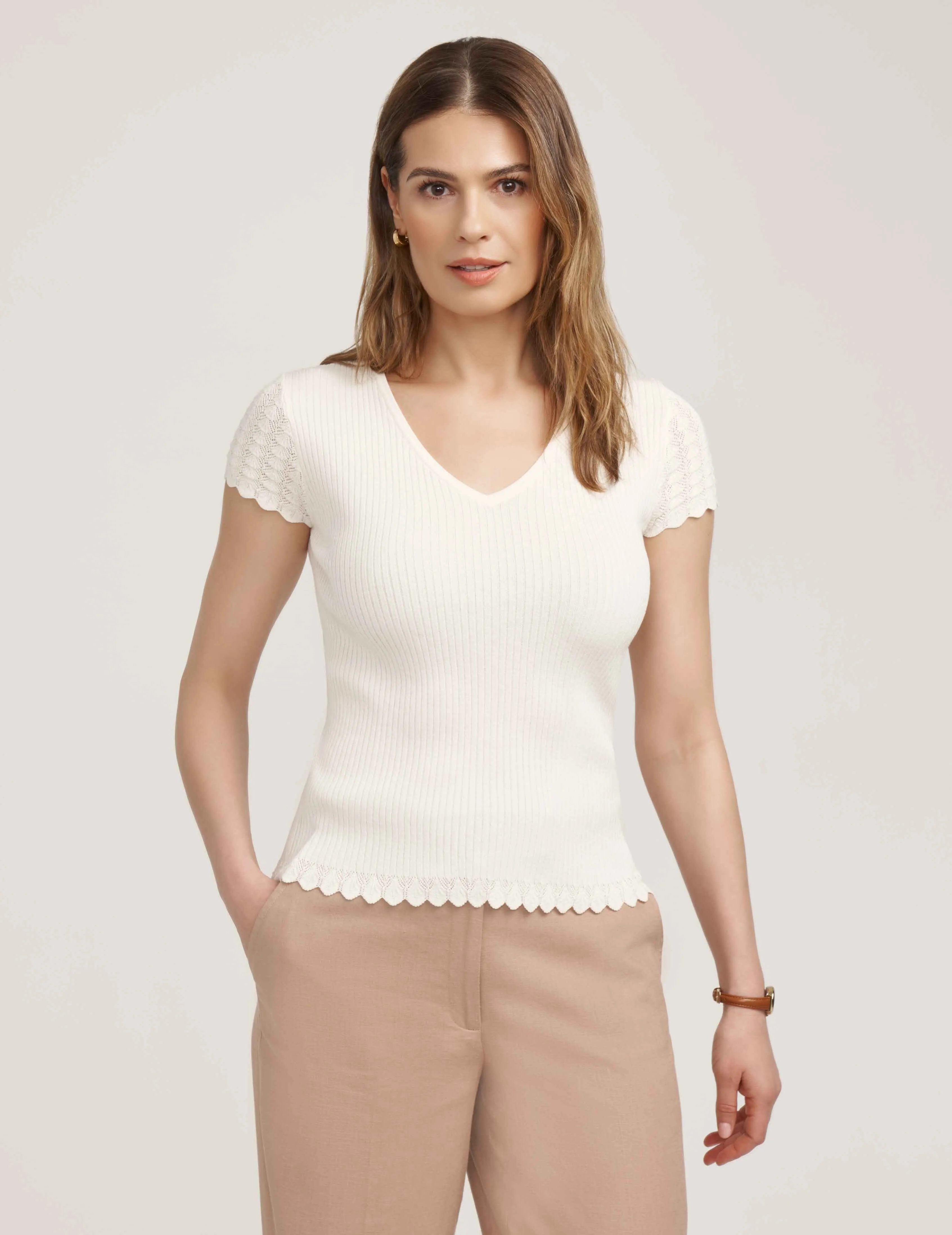 Pointelle Cap Sleeve V-Neck- Sale sold by Anne Klein