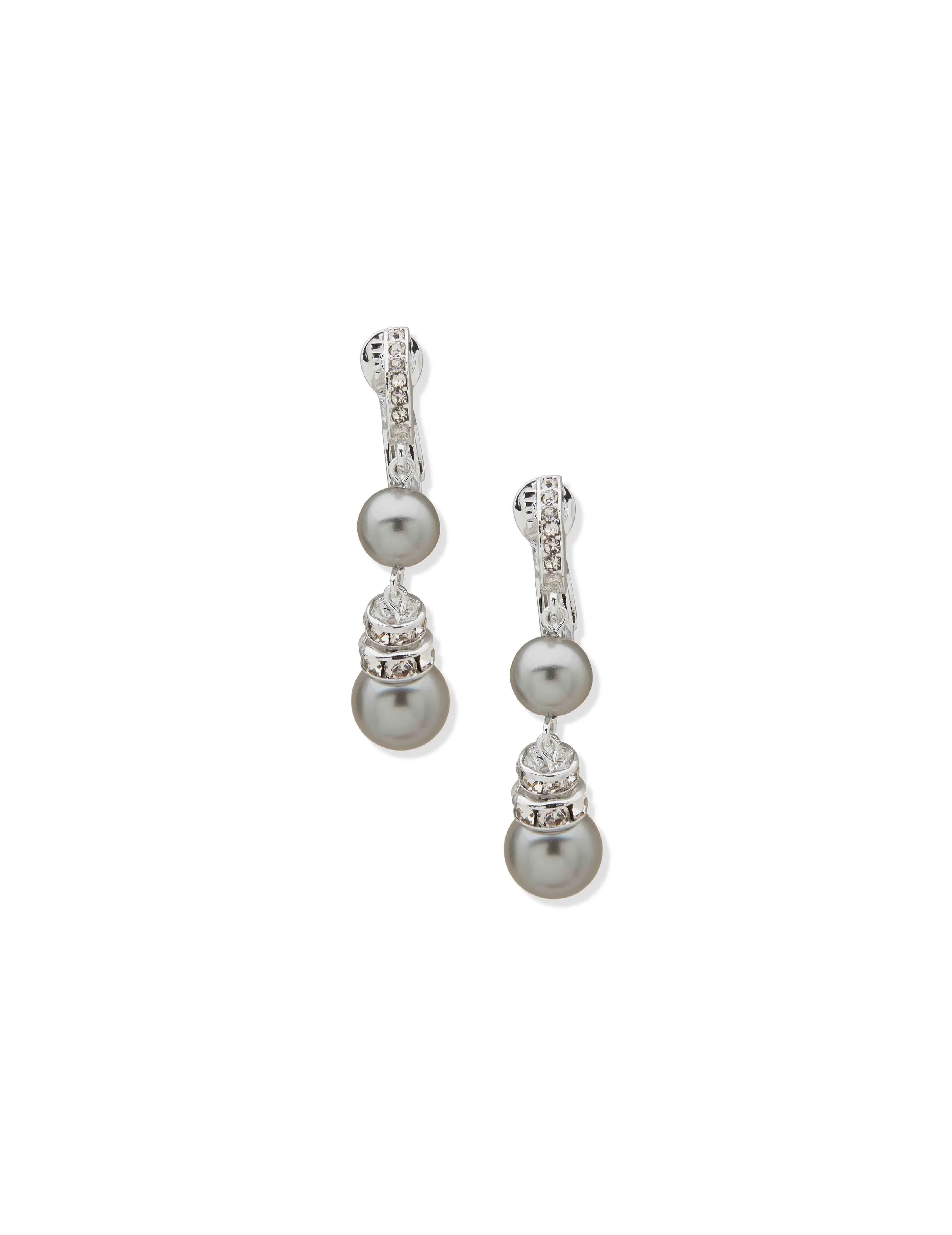 Double Drop Pearl Earrings - Silver / Grey sold by Anne Klein