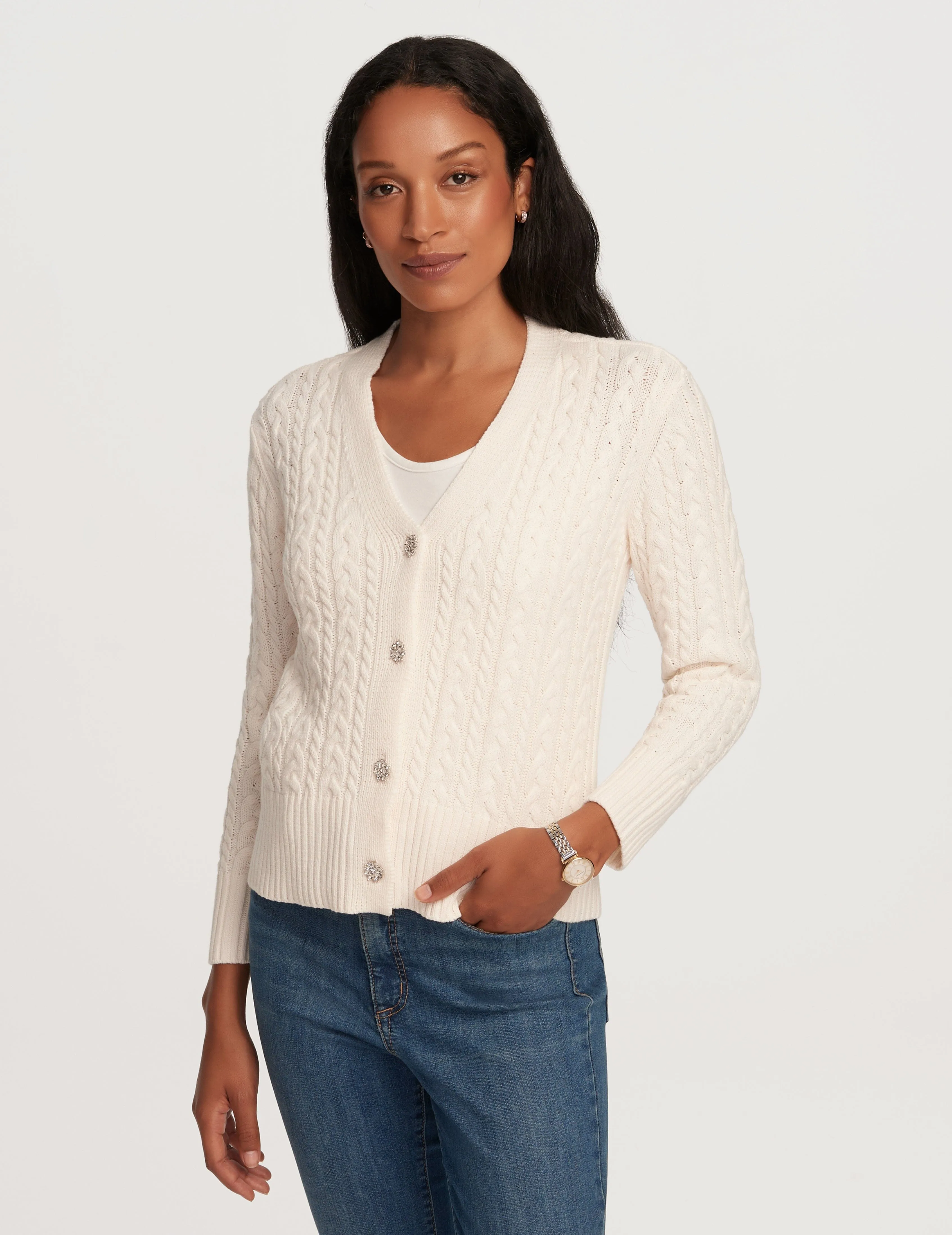 Cable Cardigan With Jewel Buttons- Sale sold by Anne Klein