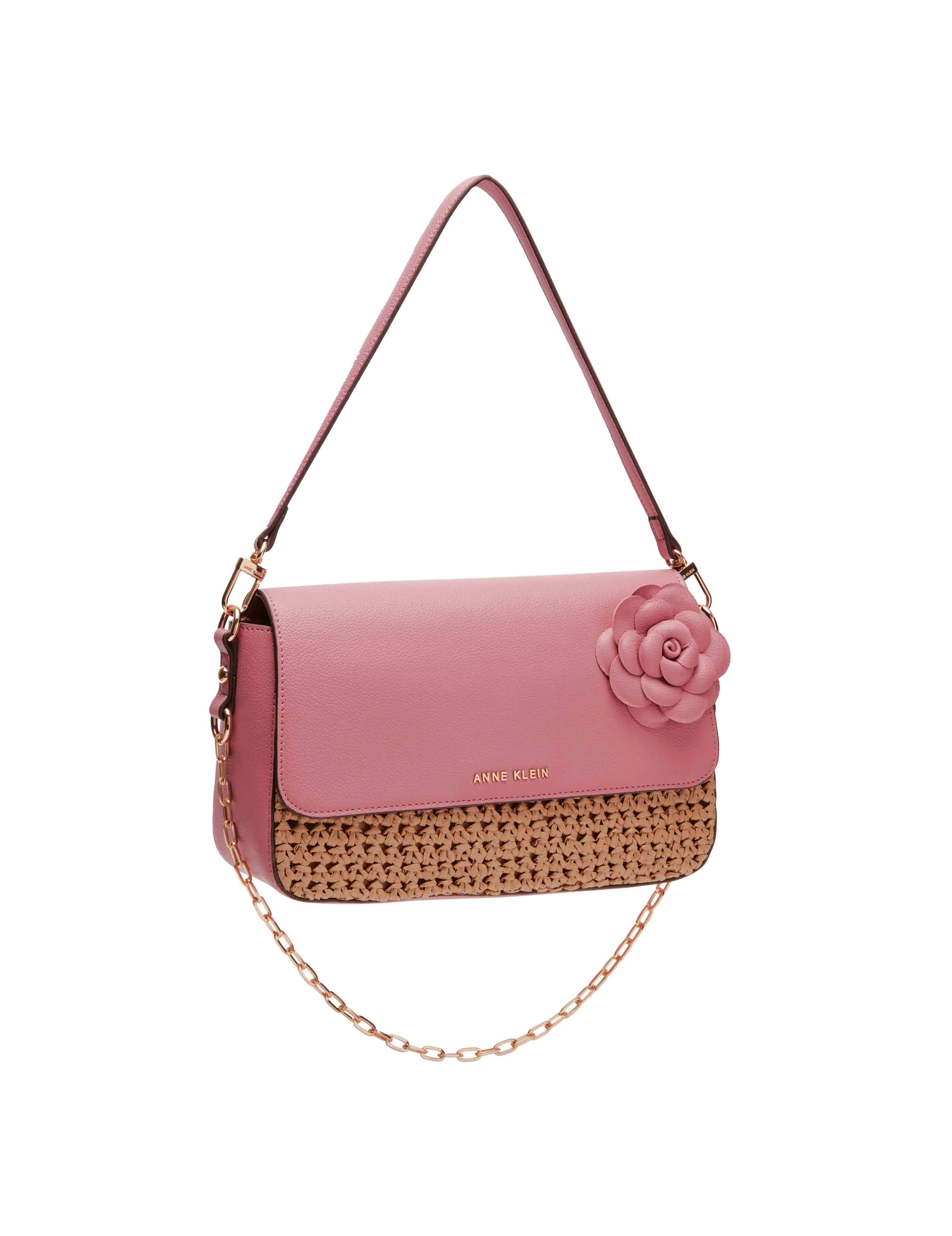 Soft Straw Flap Shoulder Bag With Floral Applique sold by Anne Klein product image thumbnail 2