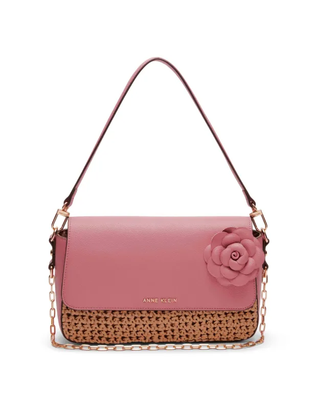 Soft Straw Flap Shoulder Bag With Floral Applique sold by Anne Klein