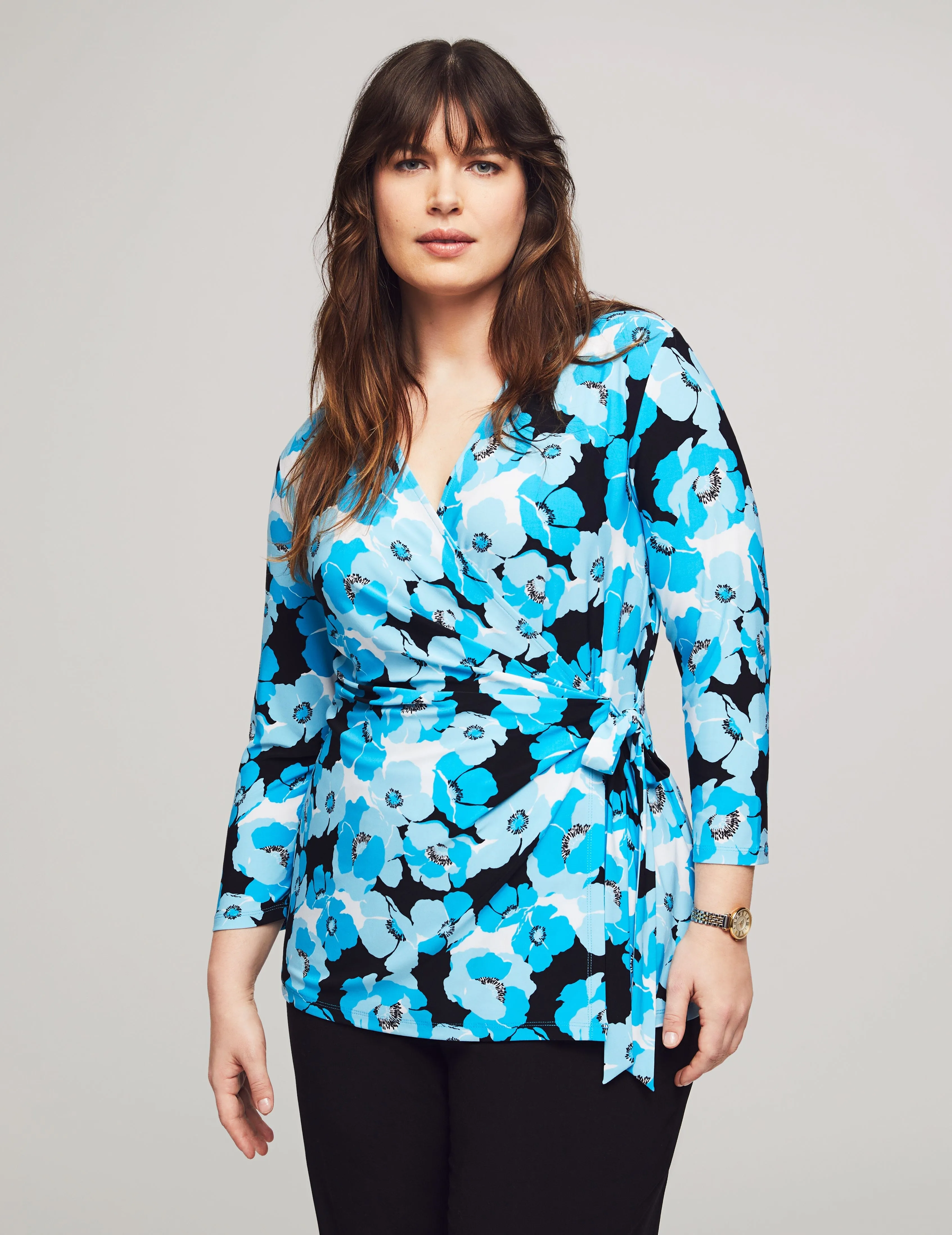 Plus Size Printed 3/4 Sleeve Wrap Top- Sale sold by Anne Klein