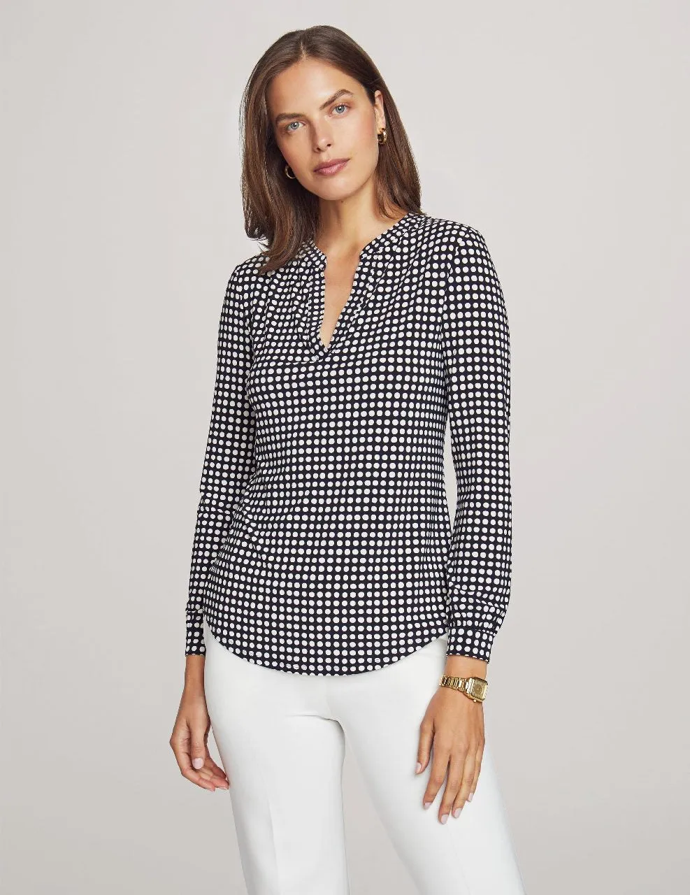 Pearly Dot Long Sleeve Split Neck Blouse- Sale sold by Anne Klein