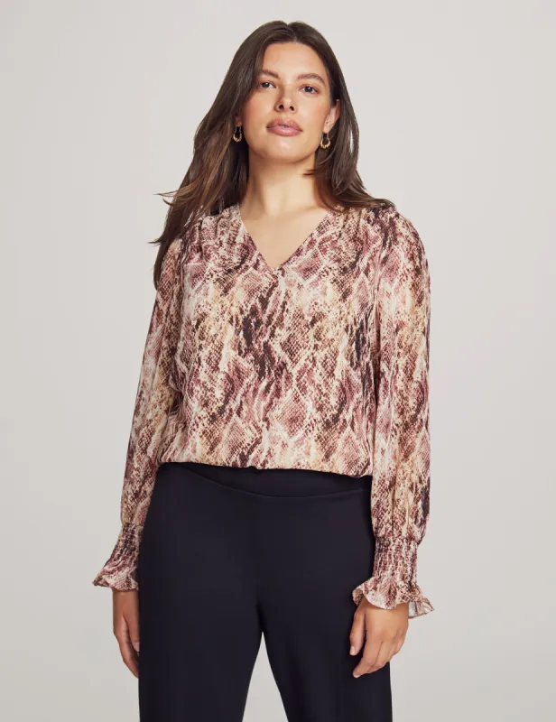 Long Sleeve V Neck Blouse With Smocked Sleeve sold by Anne Klein