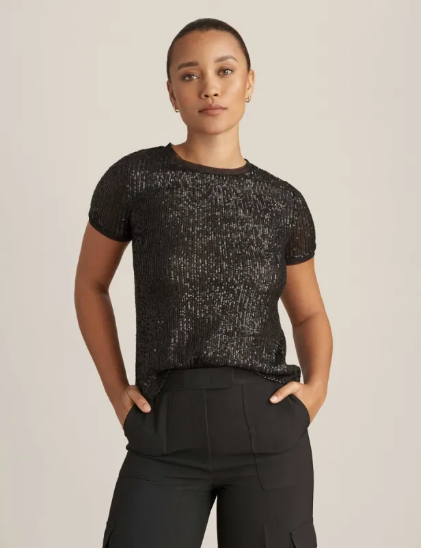 Sequin Mesh Short Sleeve Banded Tee sold by Anne Klein