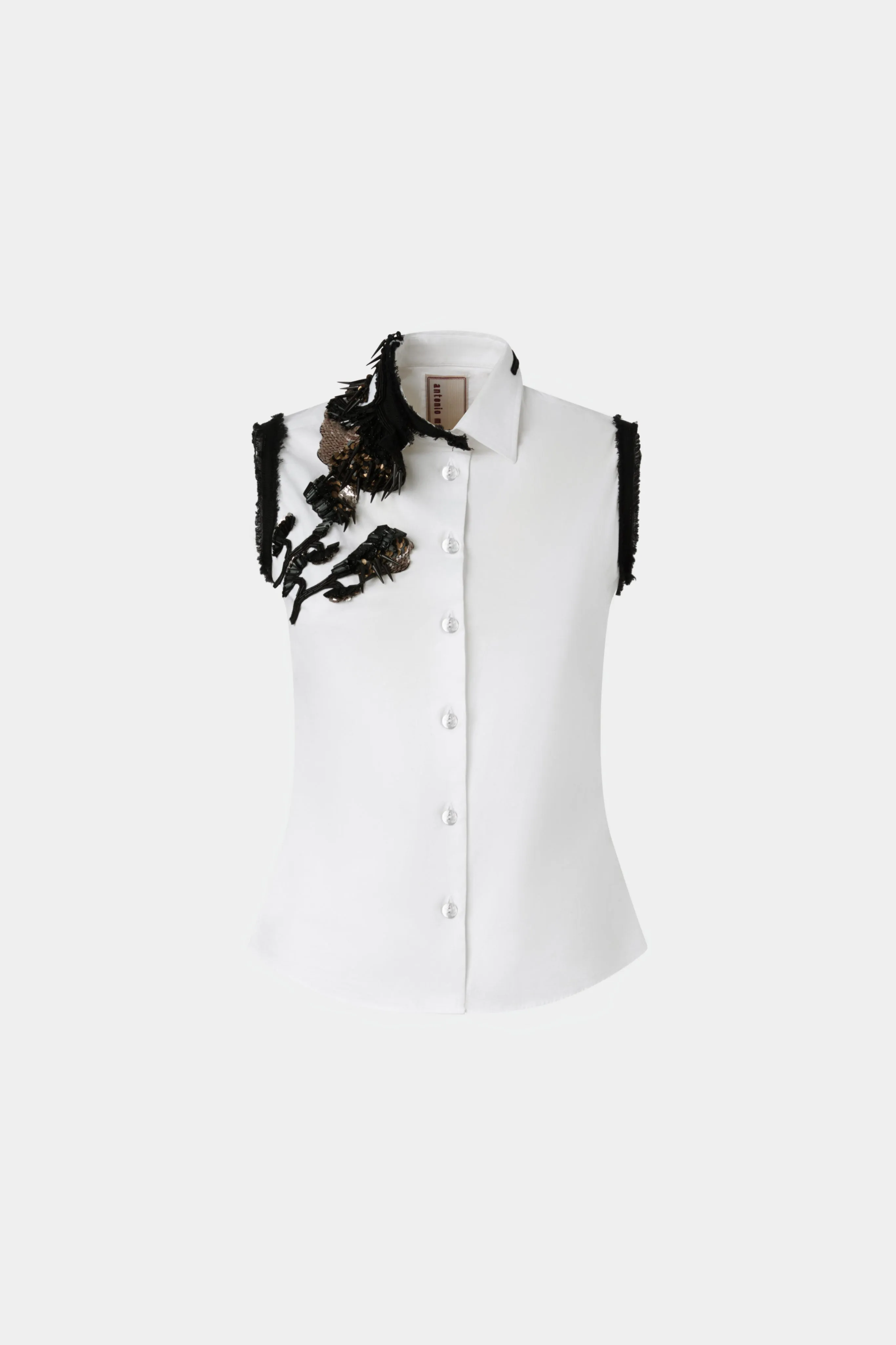 White Sleeveless Shirt with Beaded Appliqués sold by Antonio Marras