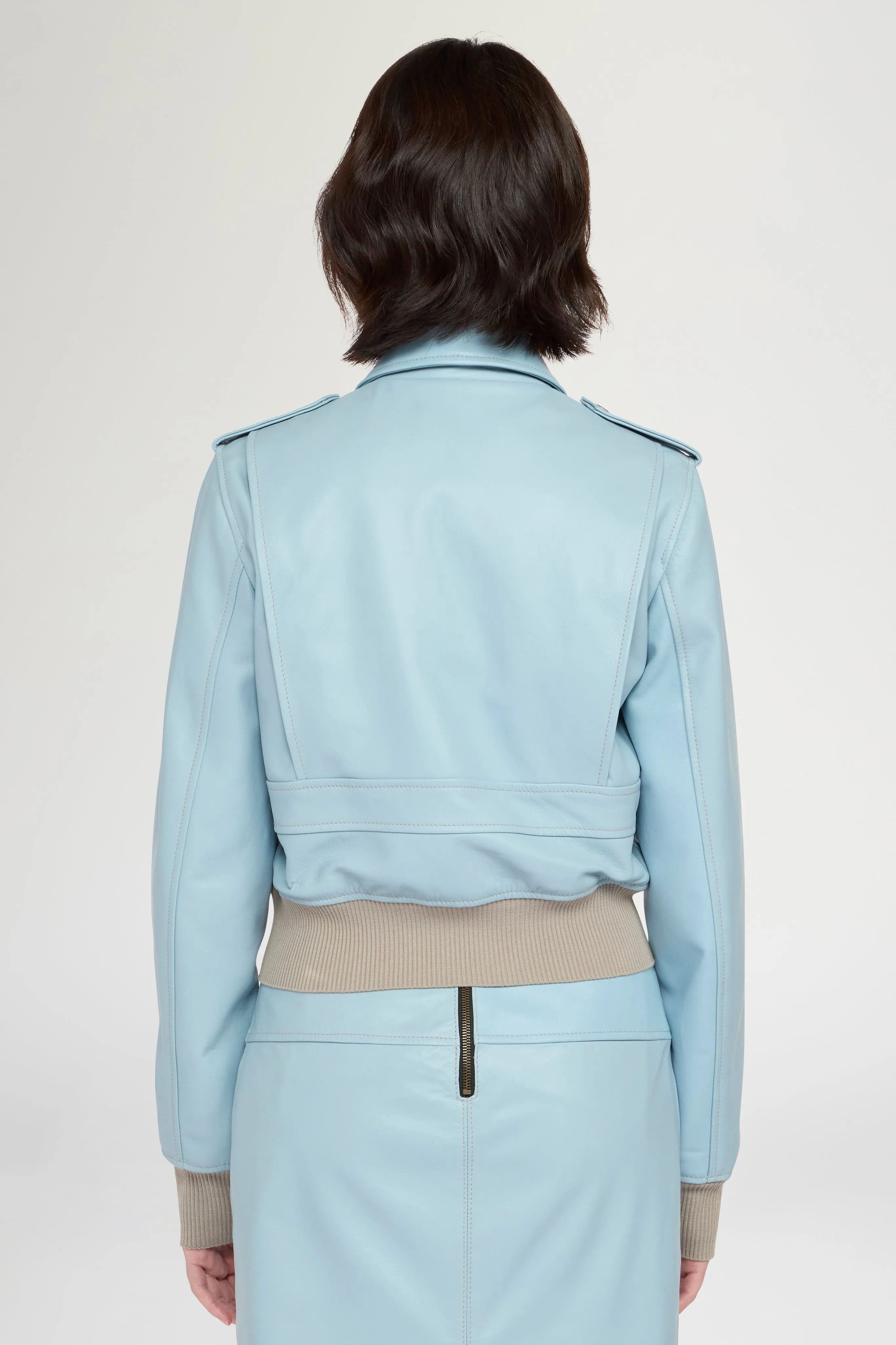 Cropped Light Blue Leather Bomber Jacket sold by Antonio Marras product image thumbnail 3