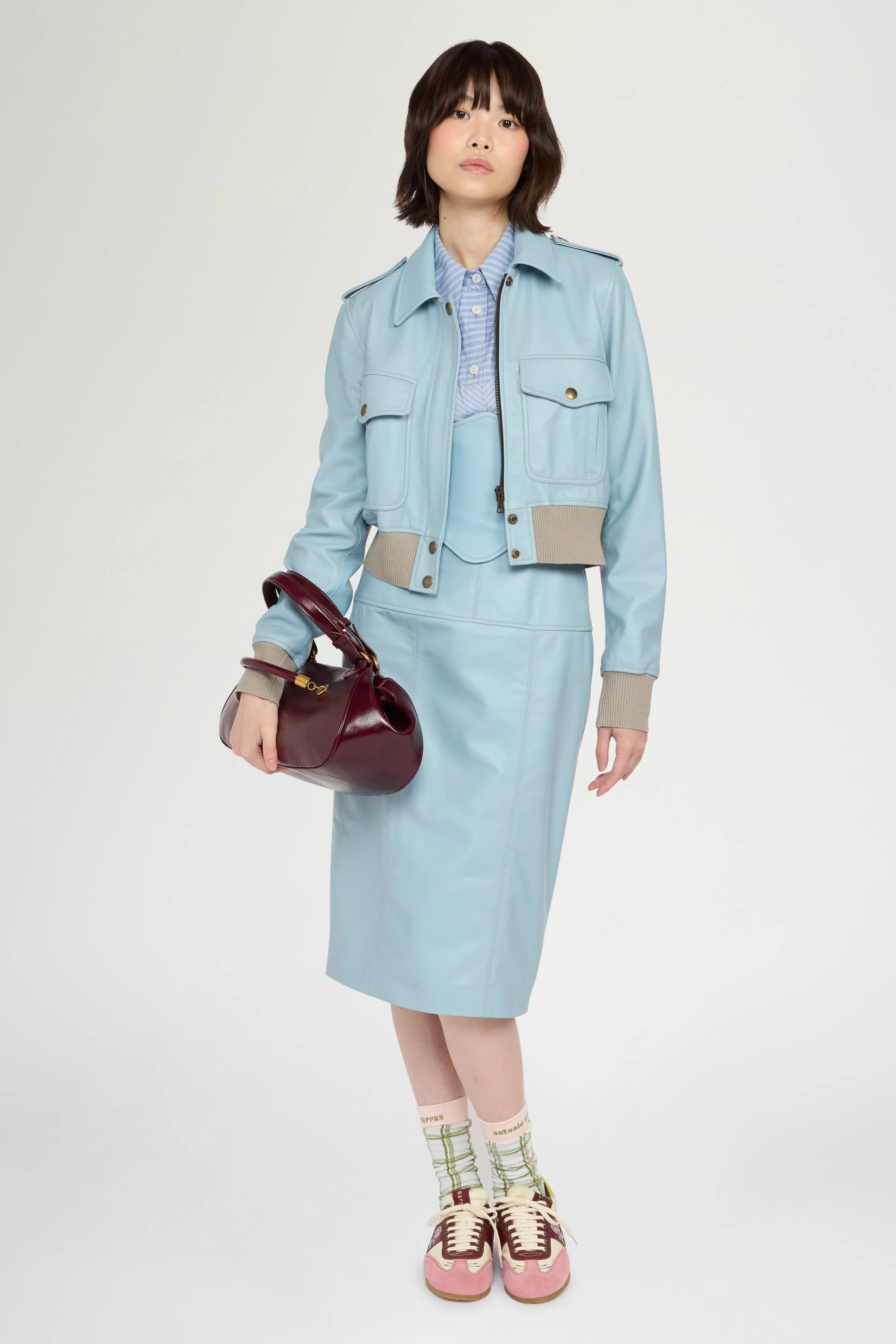 Cropped Light Blue Leather Bomber Jacket sold by Antonio Marras product image thumbnail 2
