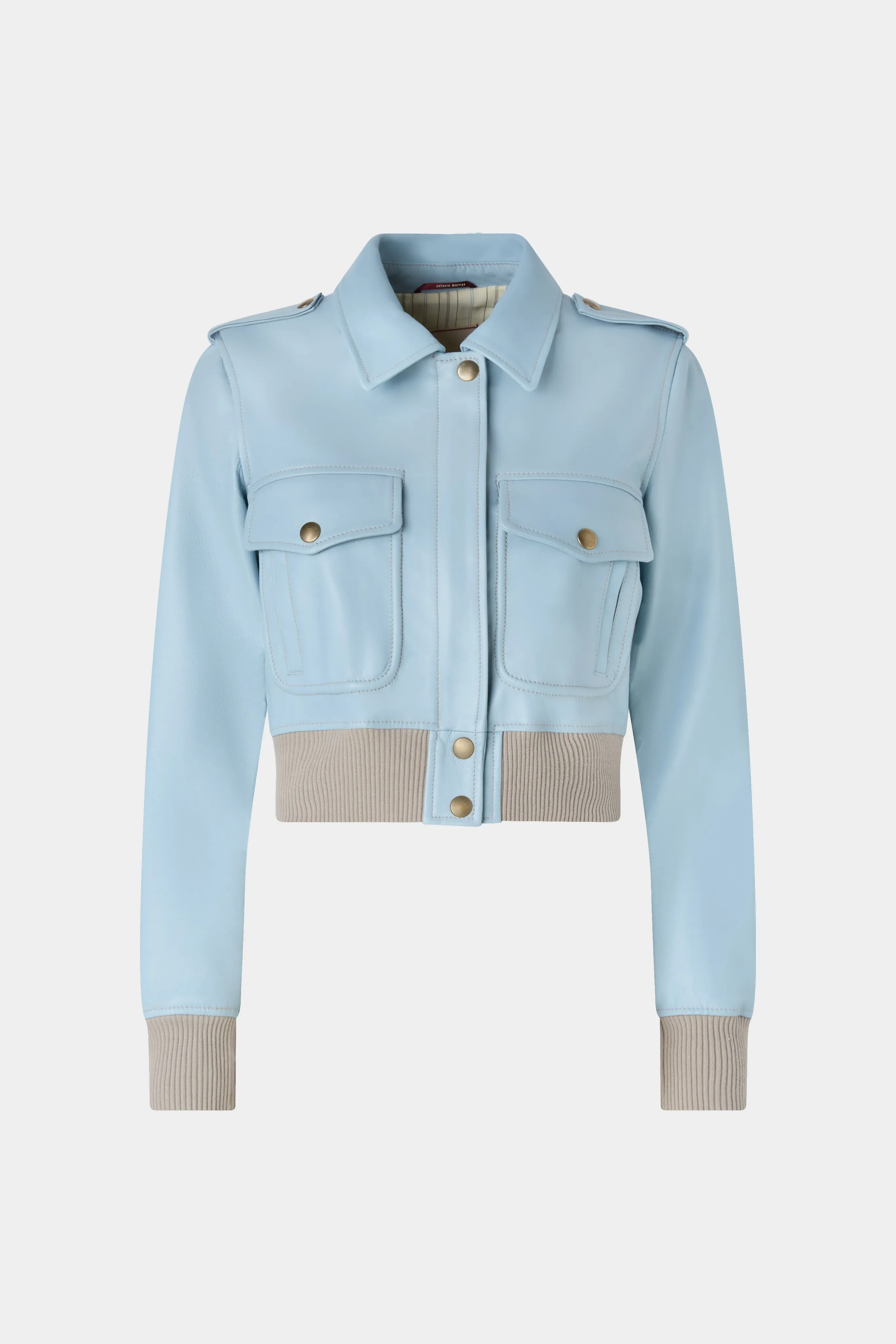 Cropped Light Blue Leather Bomber Jacket sold by Antonio Marras