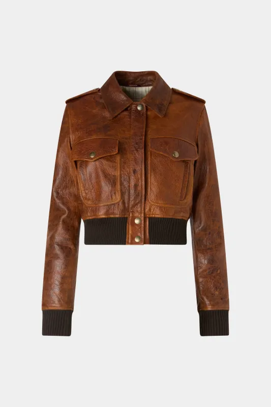 Cropped Cognac Leather Bomber Jacket made by Antonio Marras