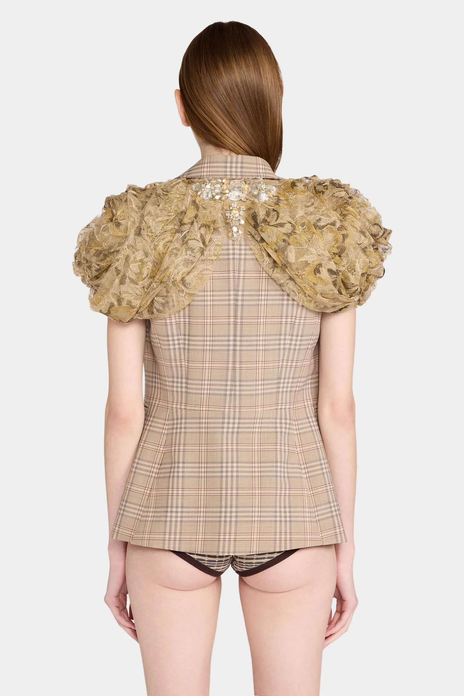 Checked Short-Sleeve Blazer with Lace Shoulders sold by Antonio Marras product image thumbnail 3