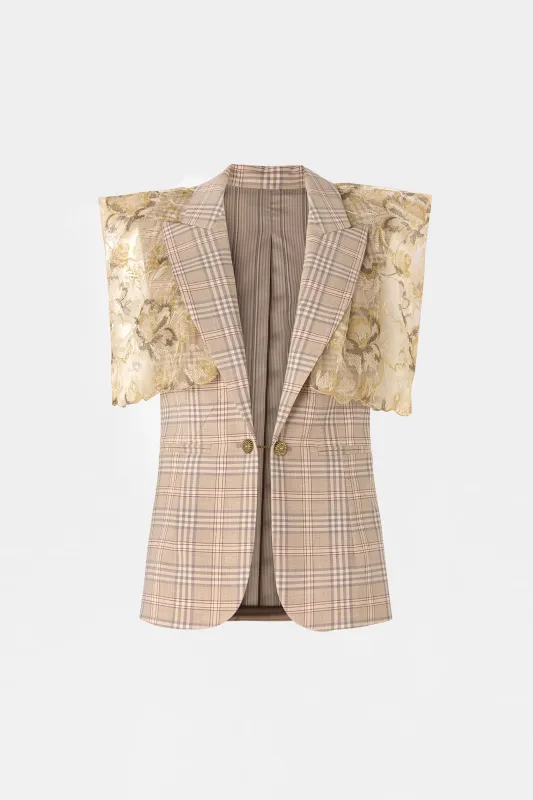 Checked Short-Sleeve Blazer with Lace Shoulders made by Antonio Marras