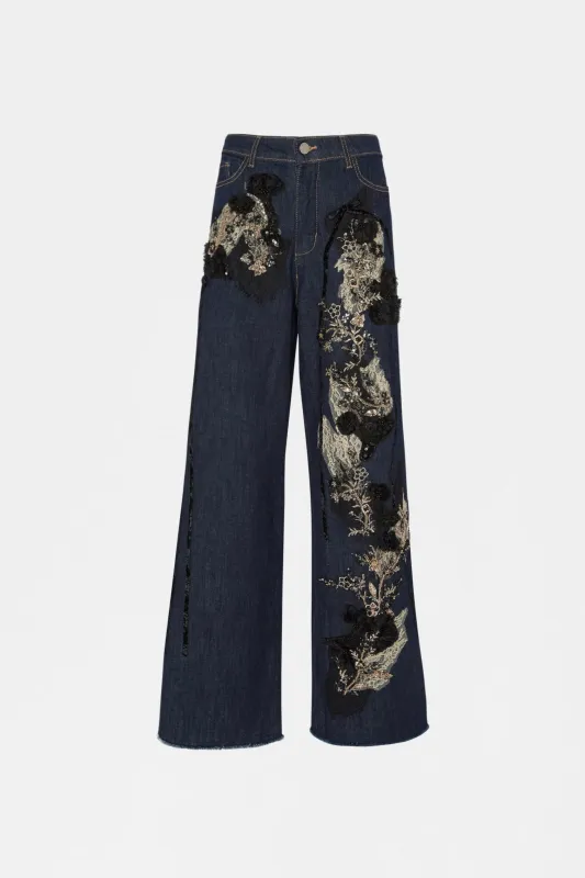 Embellished Wide-Leg Denim Jeans made by Antonio Marras