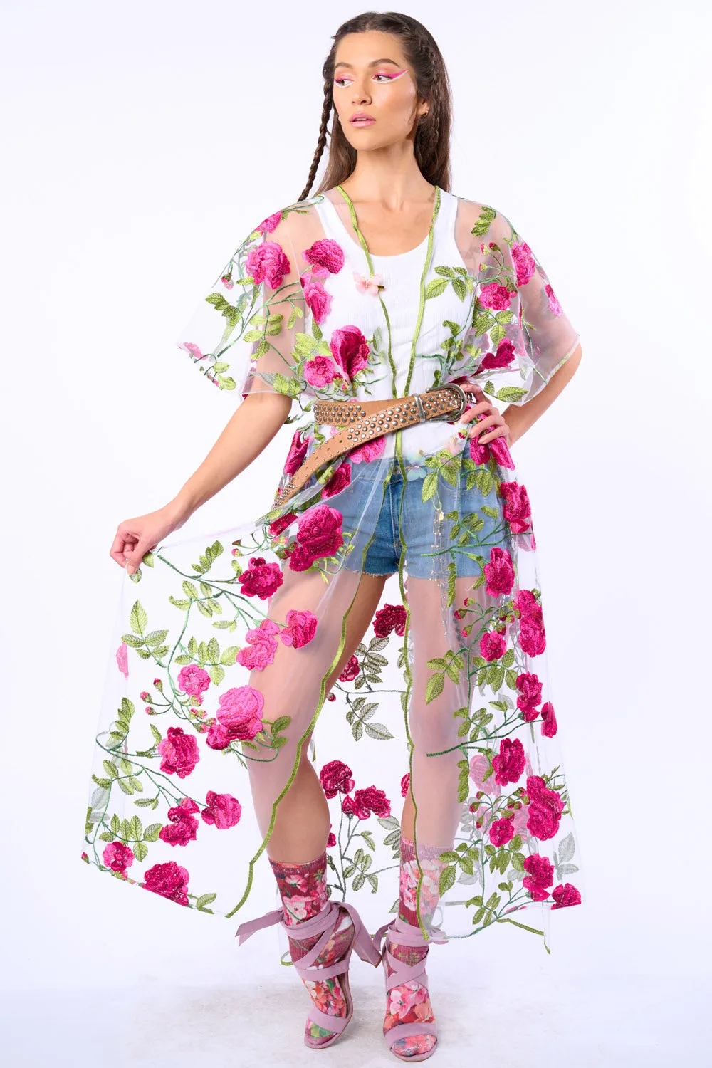 Holiday Of Love Embroidered Mesh Kimono / Topper sold by Aratta