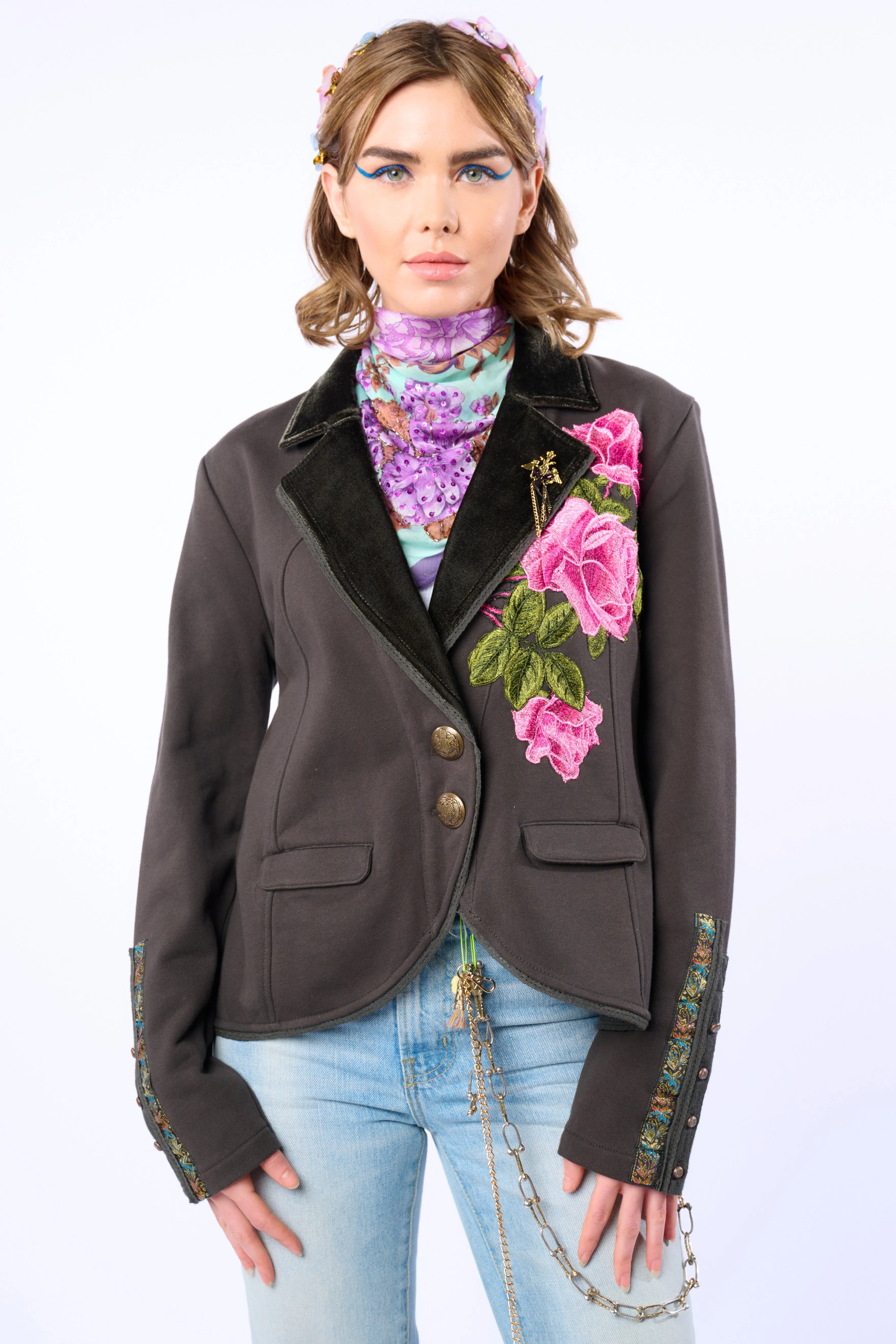Colonel Embroidered Floral Knit French Terry Jacket/ Blazer sold by Aratta