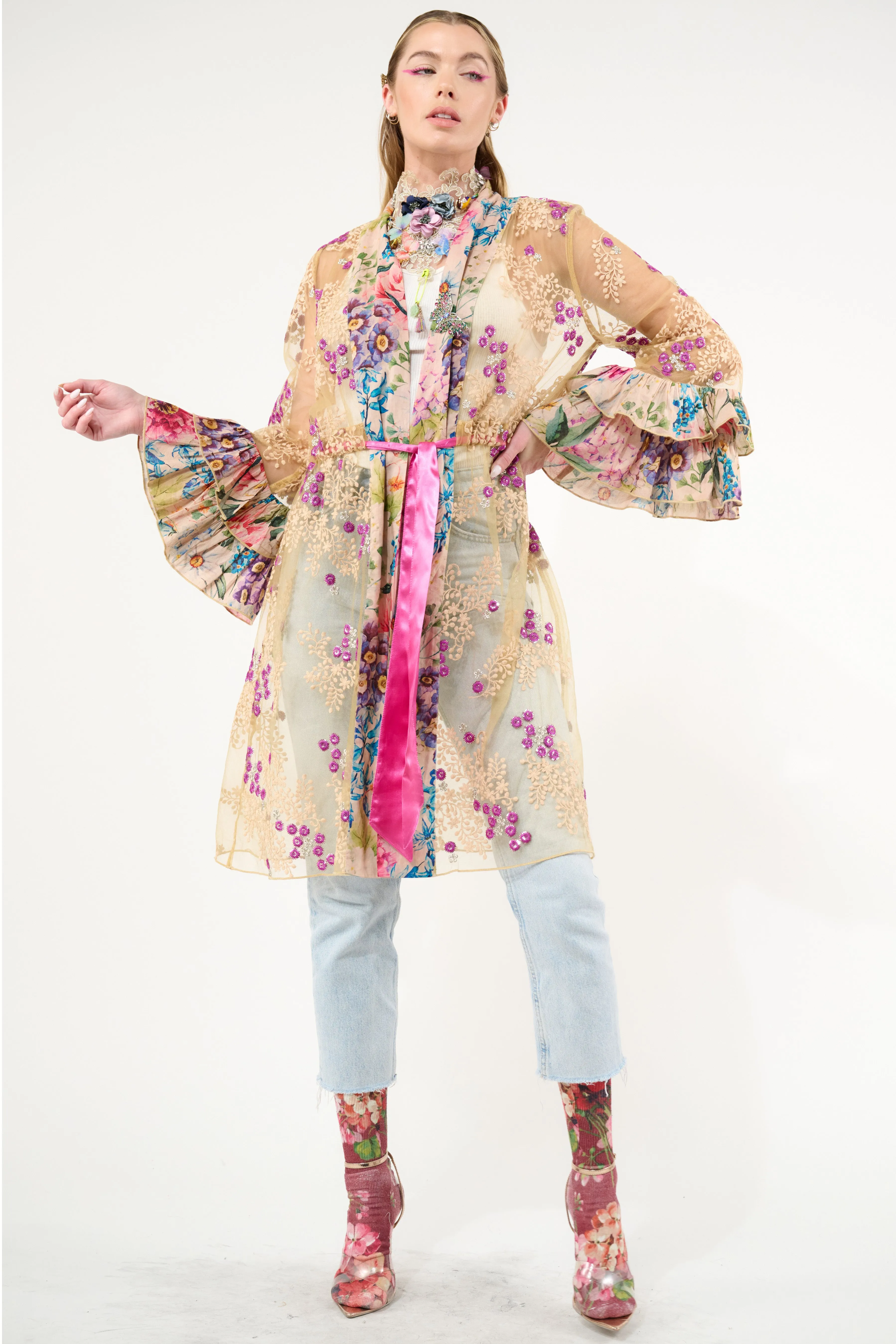 Miss September Embellished Mesh Kimono sold by Aratta