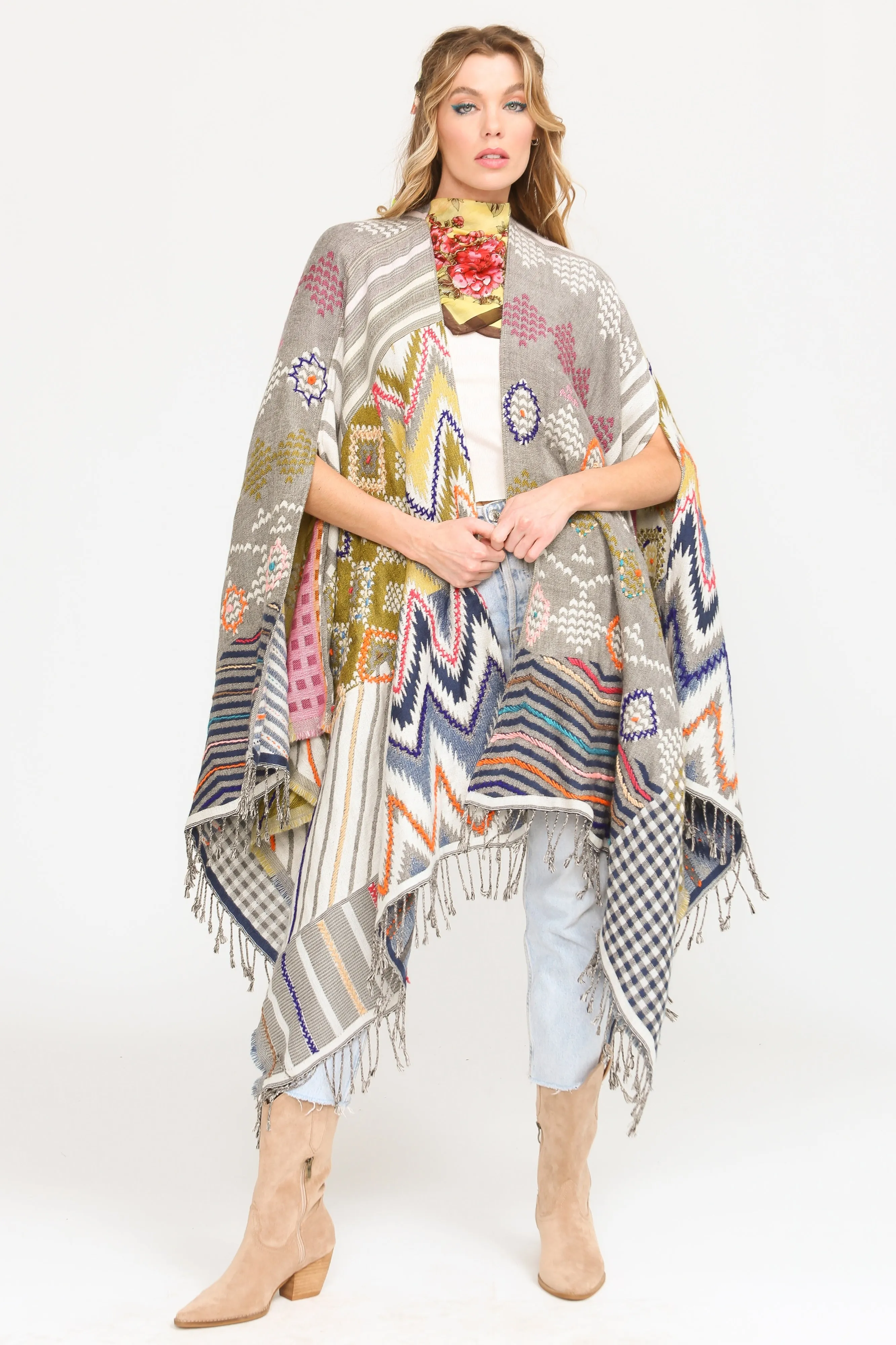 Snow White Poncho Hand Stitched Jacquard sold by Aratta